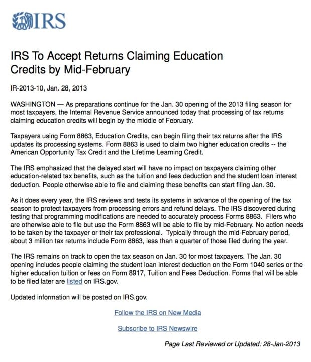 13-IRS To Accept Returns Claiming Education Credits by Mid-February copy 2