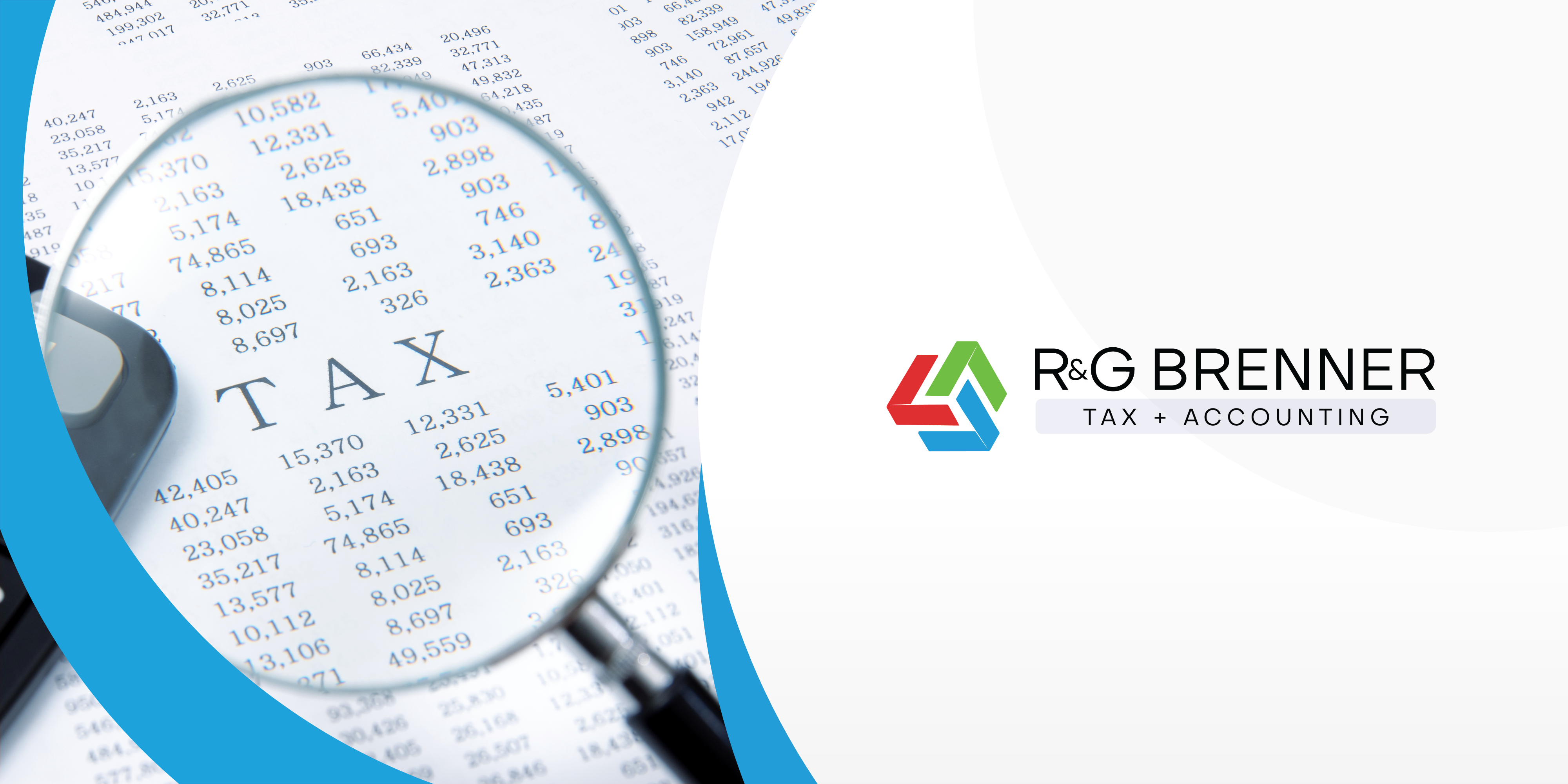 To the left, a financial statement sits behind a magnifying glass. To the right is the R&G Brenner logo on a white background.