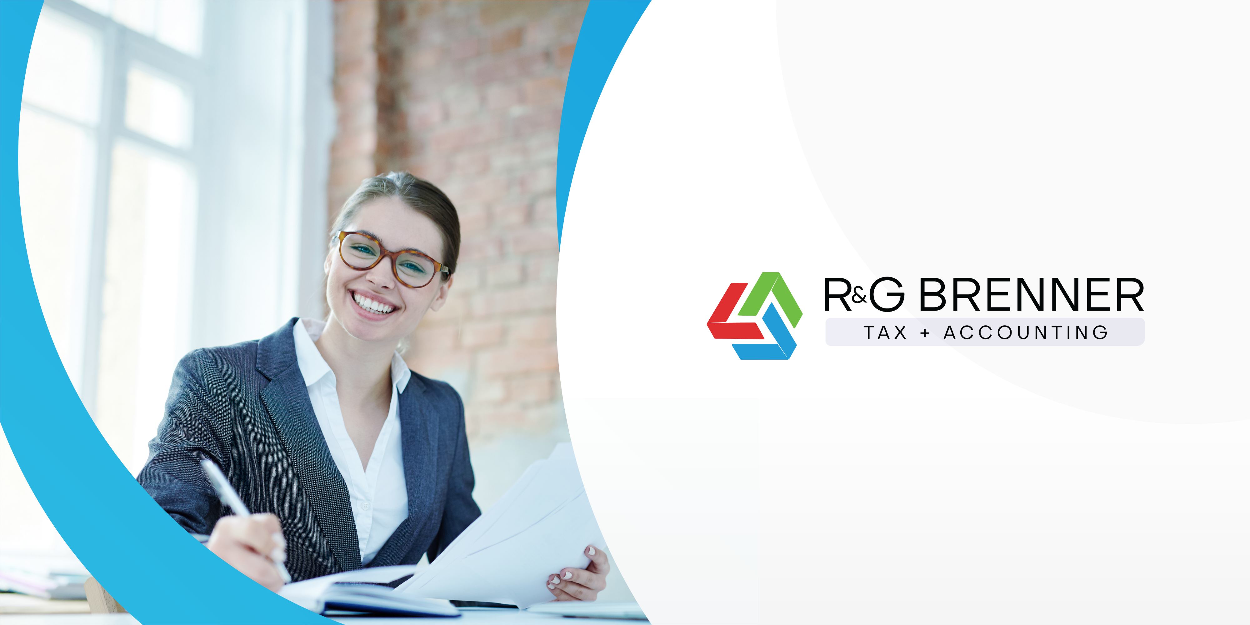 Image of businesswoman reviewing documents and smiling towards the camera. To the right of the image is the R&G Brenner logo on a white background.